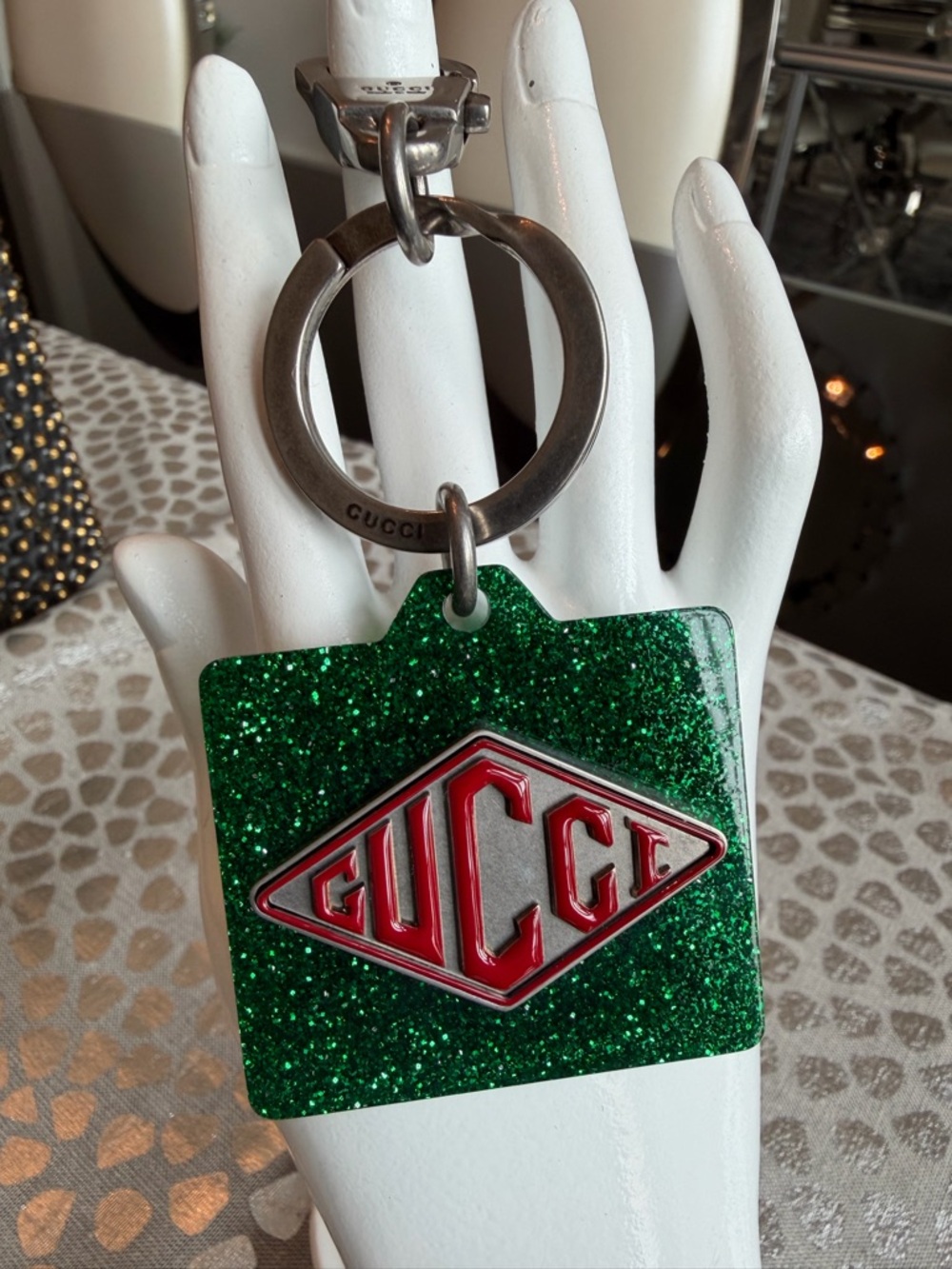 Gucci Limited Edition Game Day Green Enamel Glitter Logo Keychain/Bag Charm